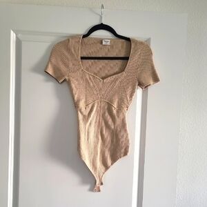 Beige Ribbed Short Sleeve Bodysuit